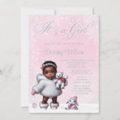 ピンクのスノーフレーク冬ワンダーランド赤ちゃんシャワー 招待状 (正面)