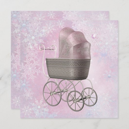 ピンクのスノーフレーク冬ワンダーランド赤ちゃんシャワー 招待状 (正面/裏面)