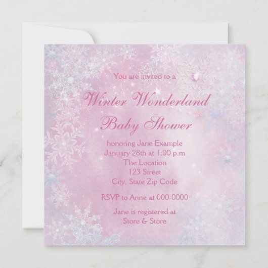 ピンクのスノーフレーク冬ワンダーランド赤ちゃんシャワー 招待状 (裏面)