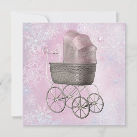 ピンクのスノーフレーク冬ワンダーランド赤ちゃんシャワー 招待状 (正面)