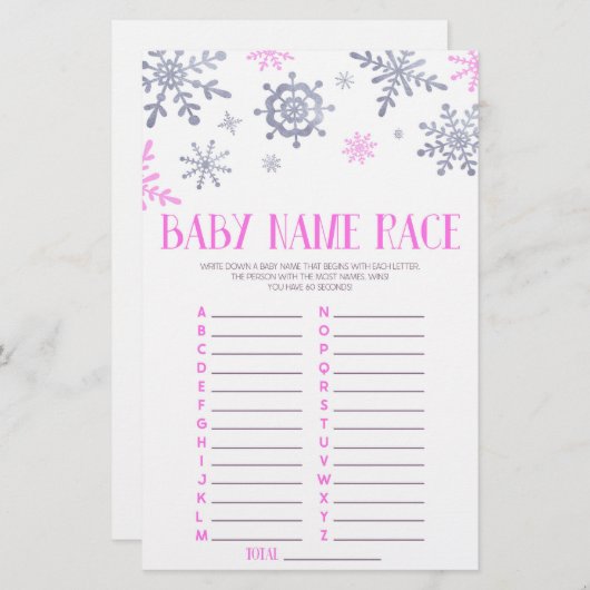 ピンクのスノーフレーク名レース赤ちゃんシャワーゲームアクティビティ 便箋 (正面/裏面)