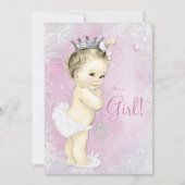 ピンクのスノーフレーク女の子の冬ワンダーランドベビースシャワー 招待状 (正面)