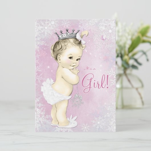 ピンクのスノーフレーク女の子の冬ワンダーランドベビースシャワー 招待状 (スタンド正面)