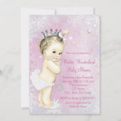 ピンクのスノーフレーク女の子の冬ワンダーランドベビースシャワー 招待状 (裏面)