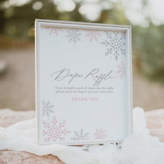 ピンクのスノーフレーク女の子の赤ちゃんシャワーおむつラッフルサイン ポスター