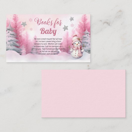 ピンクのスノーフレーク女の子の赤ちゃんシャワー本ベビー エンクロージャーカード (正面/裏面)