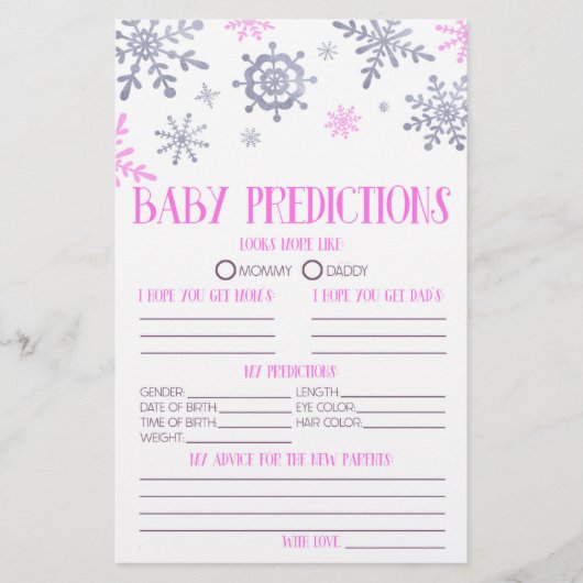 ピンクのスノーフレーク赤ちゃんシャワー予測活動 便箋 (正面)