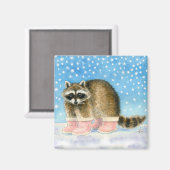 ピンクのスノーブーツのかわいいタヌキ マグネット (正面/裏面)