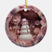 ピンクのスノーマンクリスマス セラミックオーナメント (正面)