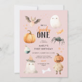 ピンクのスパイシー ワン ハロウィン 誕生日 招待状 (正面)