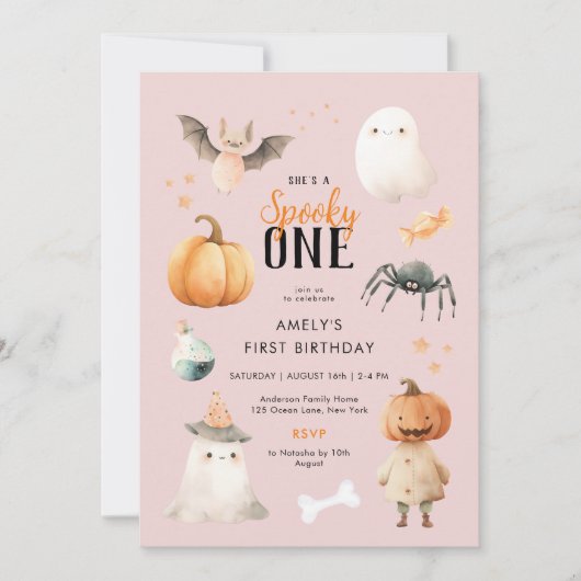 ピンクのスパイシー ワン ハロウィン 誕生日 招待状 (正面)