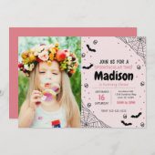 ピンクのスパイダーハロウィーン誕生日招待状と写真 招待状 (正面/裏面)