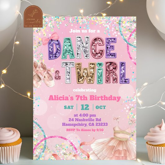 ピンクのスパンコール バレエ ダンスと回転の誕生日 招待状