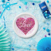 ピンクのスパーキンググリッターハート愛 ペーパープレート (パーティー)