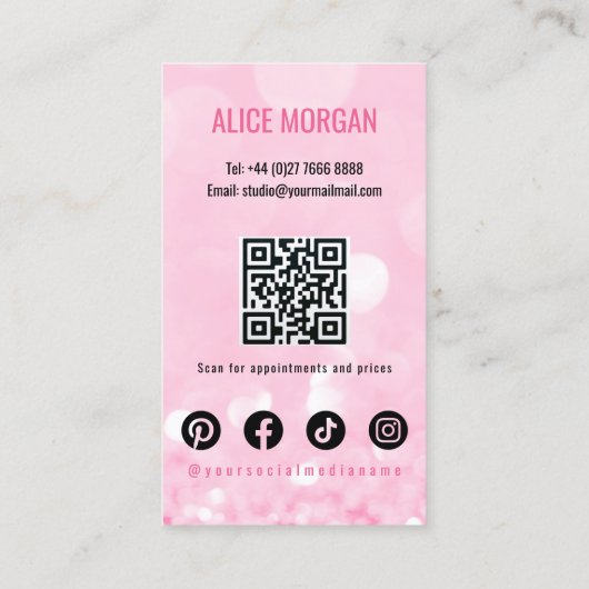 ピンクのスパークリーなメイクアップアーティストグラマー《写真》ぼけ味続編QR 名刺 (裏面)
