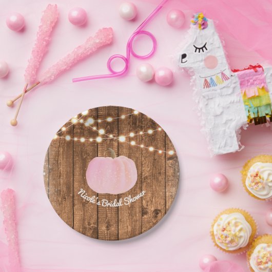 ピンクのスパークルカボチャ秋素朴の木のライト ペーパープレート (パーティー)