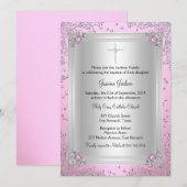 ピンクのスパークルジュエル 洗礼/命名式 招待状 (正面/裏面)