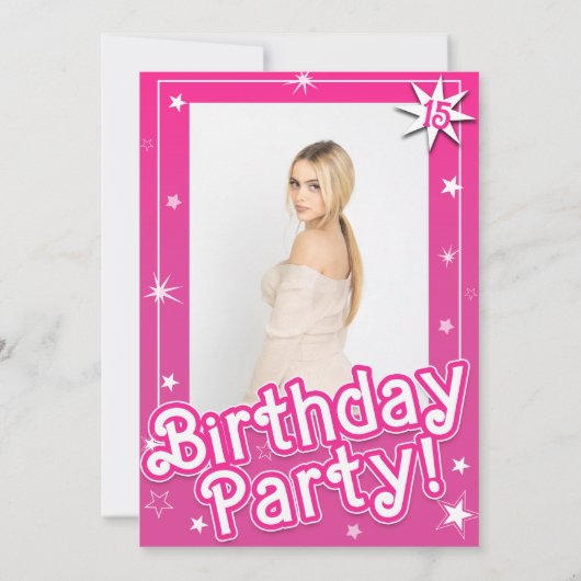ピンクのスパークルスター誕生日パーティーの写真 招待状 (裏面)
