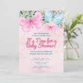 ピンクのスパークルバタフライガールベイビーシャワー 招待状 (スタンド正面)