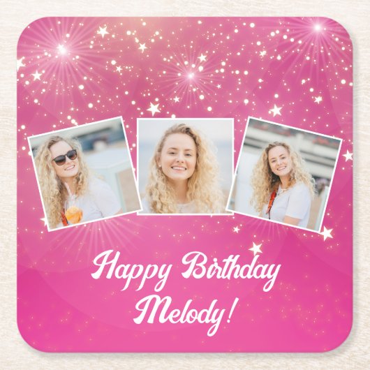 ピンクのスパークルフォトコラージュガールズバースデーパーティー スクエアペーパーコースター (正面)