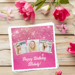 ピンクのスパークルフォトコラージュガールズバースデーパーティー スタンダードカクテルナプキン