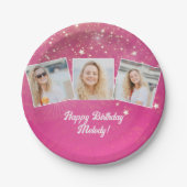 ピンクのスパークルフォトコラージュガールズバースデーパーティー ペーパープレート (正面)