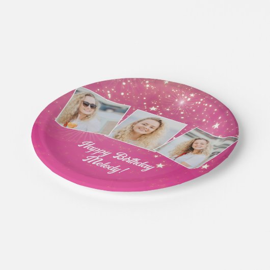 ピンクのスパークルフォトコラージュガールズバースデーパーティー ペーパープレート (アングル)
