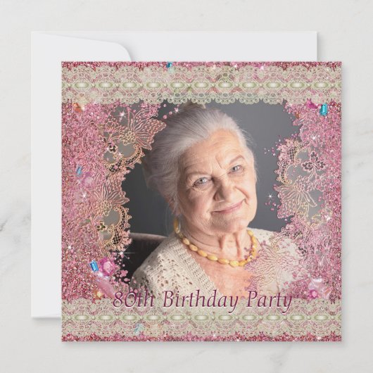 ピンクのスパークル女性の写真 80歳の誕生日パーティー 招待状 (正面)
