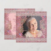 ピンクのスパークル女性の写真 85歳の誕生日パーティー 招待状 (正面/裏面)