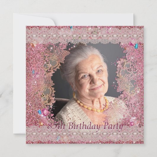 ピンクのスパークル女性の写真 85歳の誕生日パーティー 招待状 (正面)