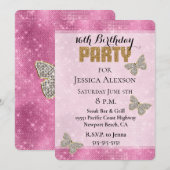 ピンクのスパークル グラム ダイヤモンド ゴールド グリッター 招待状 (正面/裏面)