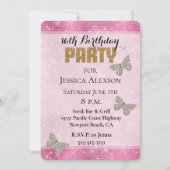 ピンクのスパークル グラム ダイヤモンド ゴールド グリッター 招待状 (正面)