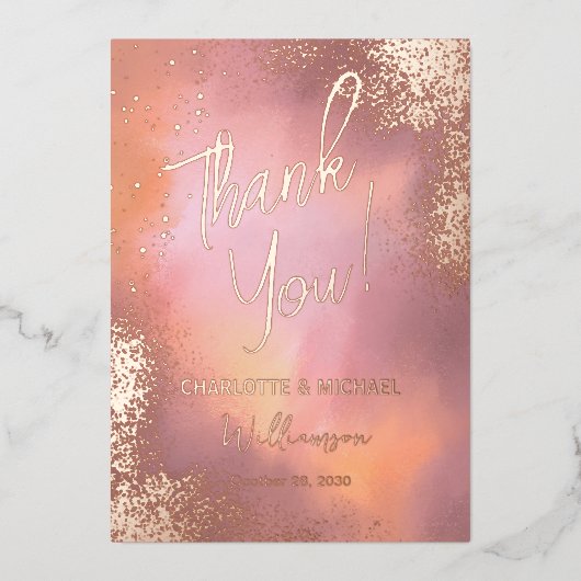 ピンクのスパークル フォトオーバーレイ ウェディング サンクス 箔招待状 (正面)