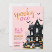 ピンクのスパ spooky ワン ハロウィン 1歳の誕生日 招待状 (正面)