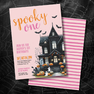ピンクのスパ spooky ワン ハロウィン 1歳の誕生日 招待状