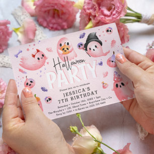 ピンクのスプーキーガールハロウィン 誕生日 招待状