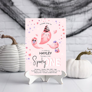 ピンクのスプーキーONEゴーストガールハロウィン1歳の誕生日  招待状