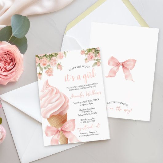 ピンクのスプーンのアイスクリームボウサマー赤ちゃん女の子シャワー 招待状