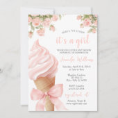 ピンクのスプーンのアイスクリームボウサマー赤ちゃん女の子シャワー 招待状 (正面)