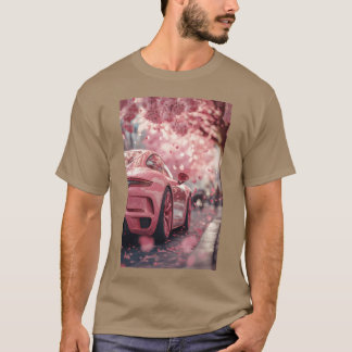 ピンクのスポーツカーと桜の花 レトロ Tシャツ