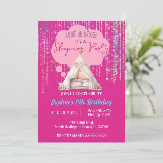 ピンクのスリープオーバー スリンバーパーティー 誕生日 ティーン トゥイーン 招待状 (スタンド正面)