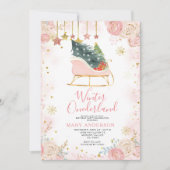 ピンクのスレー ウィンター スノー ワンダーランド 1歳の誕生日 招待状 (正面)