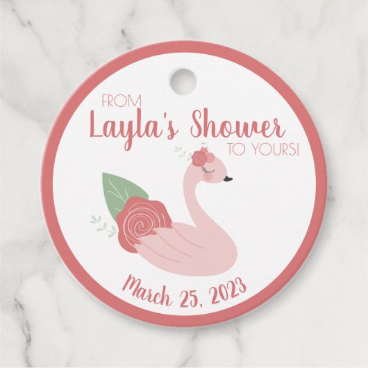 ピンクのスワン ギフトタグ シャワーからあなたのシャワーへ フェイバータグ (正面)
