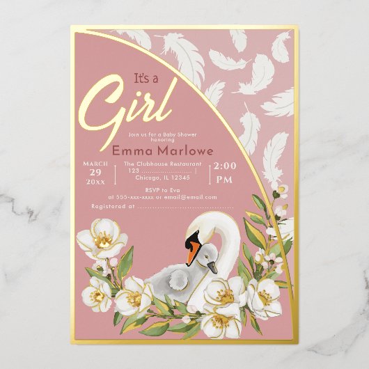 ピンクのスワン ベイビー ホイル インビテーション 箔招待状 (正面)