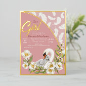 ピンクのスワン ベイビー ホイル インビテーション 箔招待状 (立ち正面)