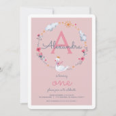 ピンクのスワン モノグラム 女の子の誕生日パーティー 招待状 (正面)