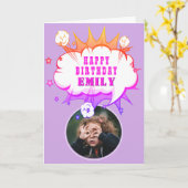 ピンクのスーパーヒーロー漫画バブルフォト誕生日カード カード (黄色い花)