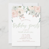 ピンクのセイジ ミントグリーン モダン フラワーバースデーパーティー 招待状 (正面)