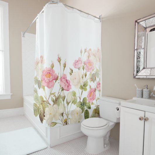 ピンクのセピア色のヴィンテージのバラ草原のイラストレーション シャワーカーテン (インサイチュ)