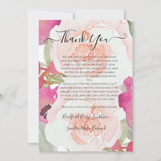 ピンクのセージ水の色のフローラ結婚の感謝 サンキューカード (正面)